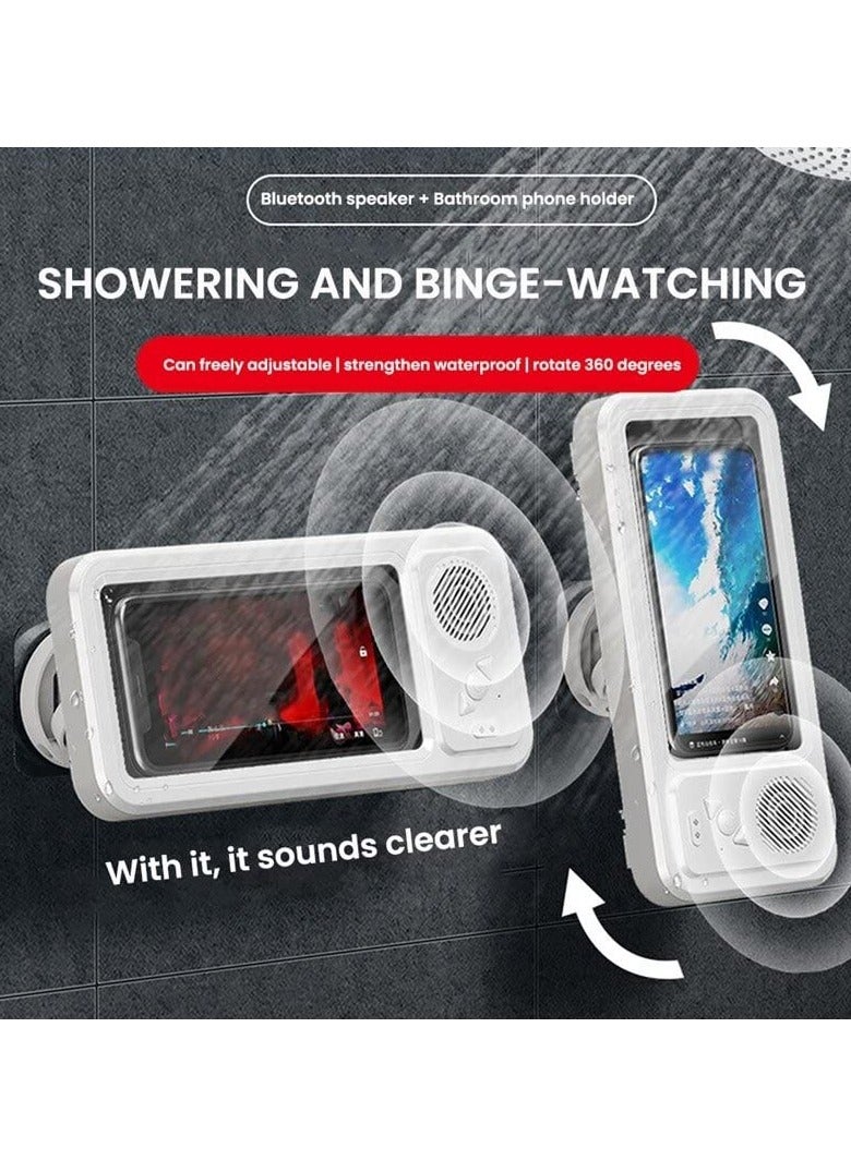 Shower Phone Holder with Wireless Bluetooth Speaker Waterproof Anti-Fog Sensitive Touch Screen Wall Mounted 480° Rotation Viewable Shower Phone Stand for Bathroom Wall Mirro for 4