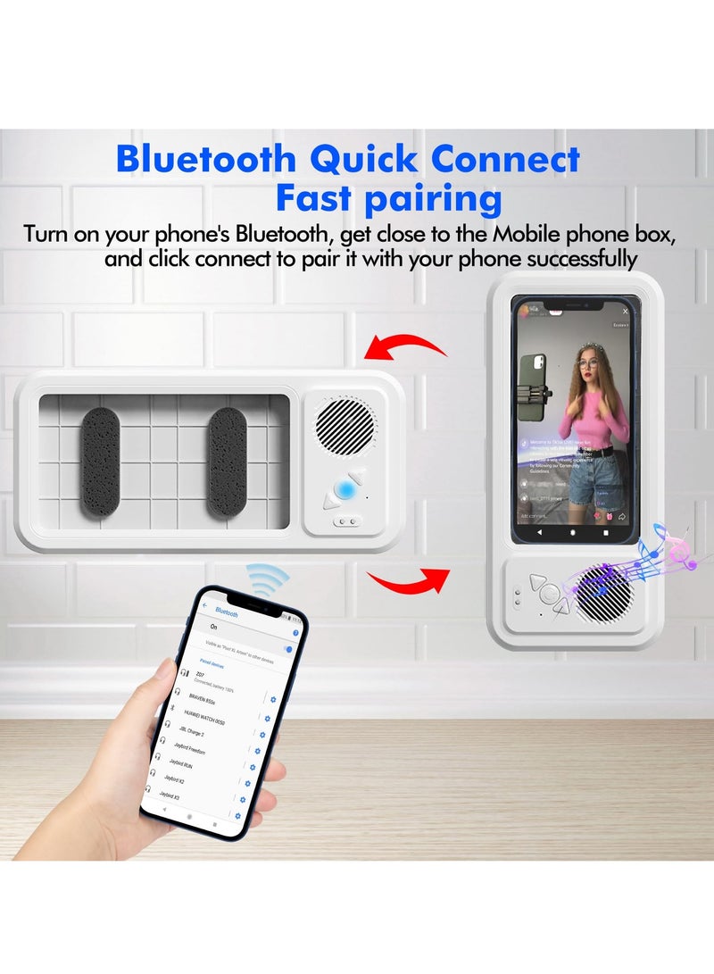 Shower Phone Holder with Wireless Bluetooth Speaker Waterproof Anti-Fog Sensitive Touch Screen Wall Mounted 480° Rotation Viewable Shower Phone Stand for Bathroom Wall Mirro for 4