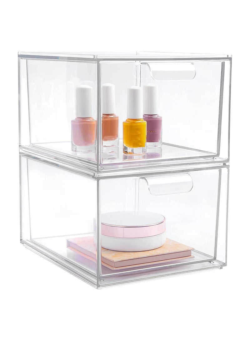 2 Pack Stackable Makeup Organizer Storage Drawers 4.4In Tall Acrylic Bathroom Clear Plastic Storage Bins For Vanity Undersink Kitchen Cabinets Pantry Organization