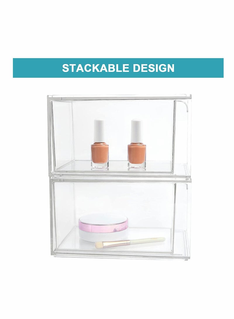 2 Pack Stackable Makeup Organizer Storage Drawers 4.4In Tall Acrylic Bathroom Clear Plastic Storage Bins For Vanity Undersink Kitchen Cabinets Pantry Organization