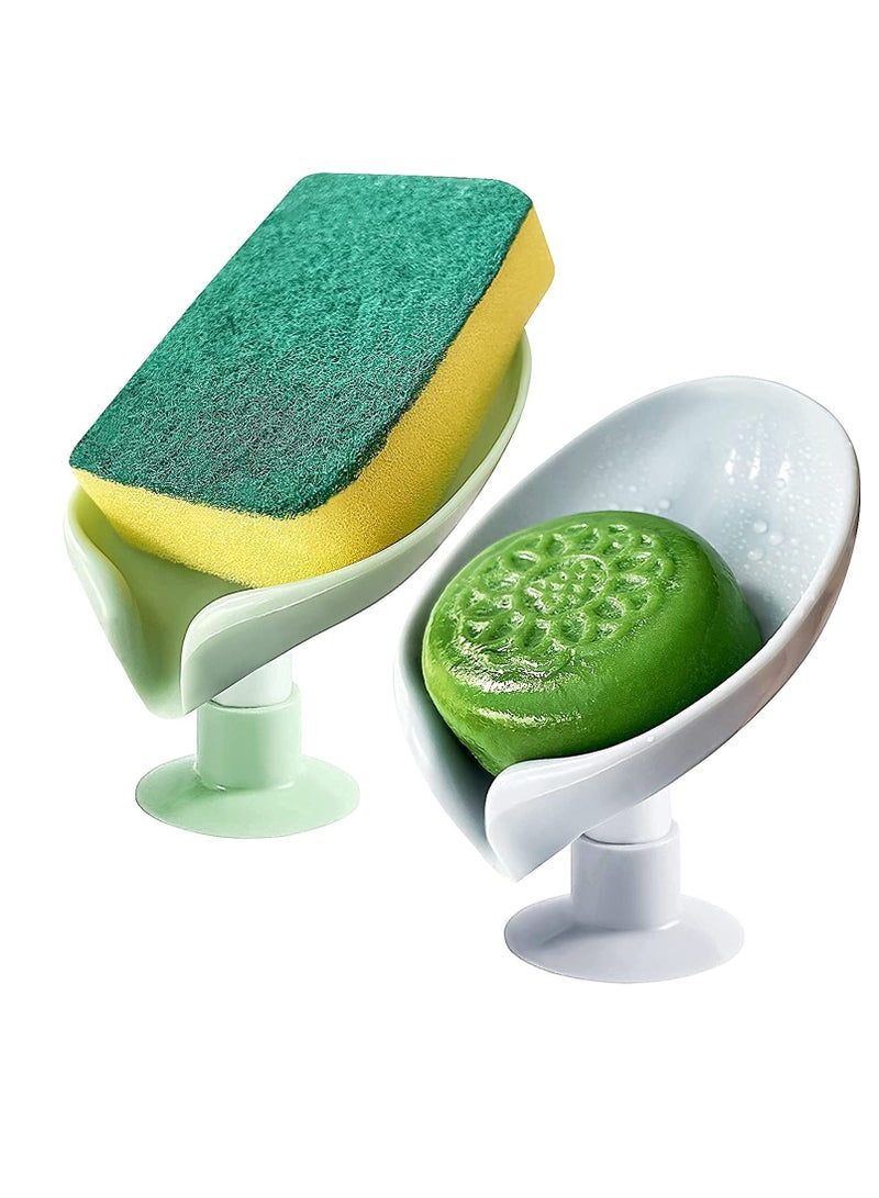 Bar Soap Holder,Leaf-Shape Self Draining Not Punched Easy Clean Soap Dish for Shower, soap Holder with Suction Cup Creative soap Box, for Bathroom, Kitchen Sink (2 PCS，Grey + Green)