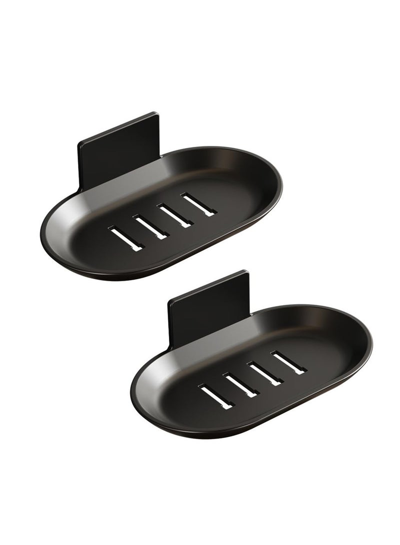 2 Pcs Self-Adhesive Bar Soap Dishes for Shower - Wall Mounted Soap Savers with Water Catch Tray - Soap Dish Holders for Bathroom and Kitchen (Black)