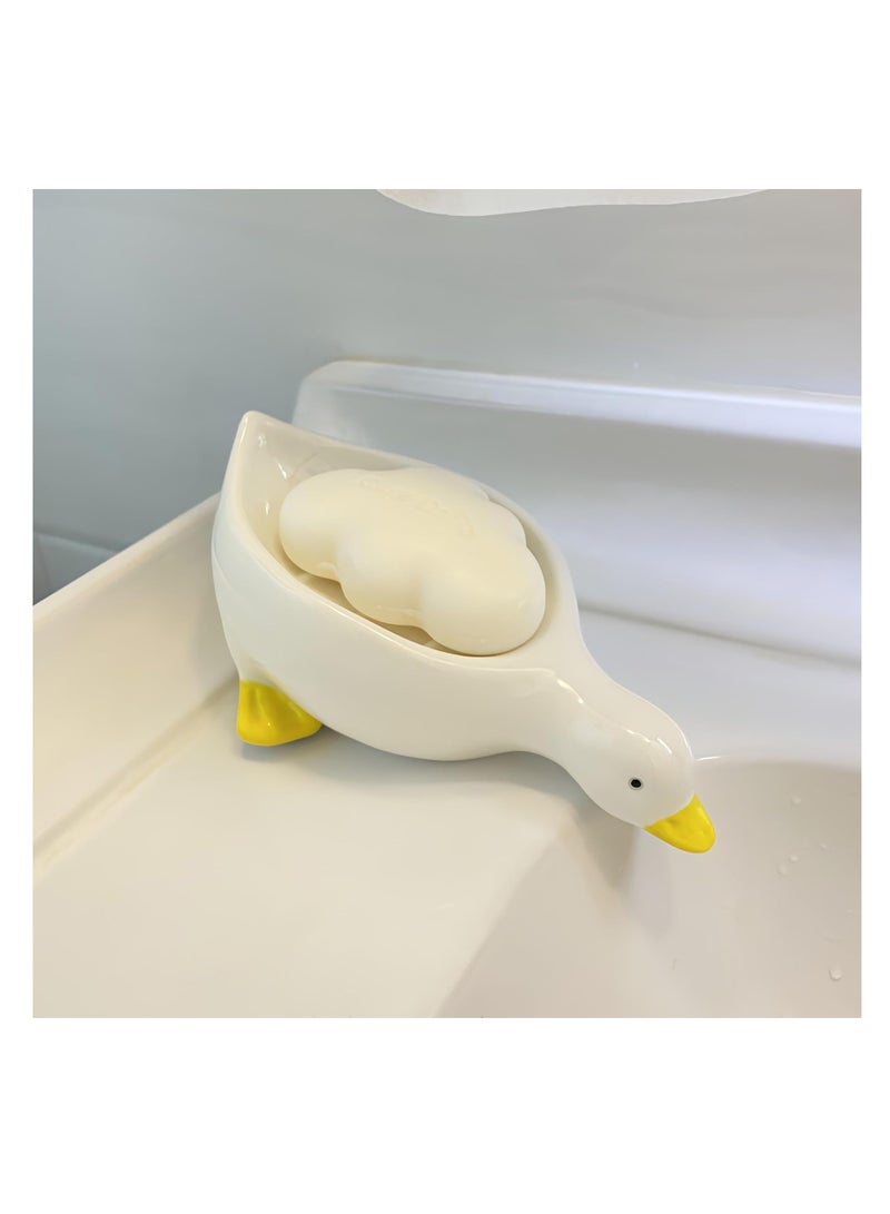 Ceramic Cute Duck Soap Dish, Self Draining Soap Holder Keep Soap Dry, Soap Bar Holder Durable Soap Tray For Kitchen, Bathroom, Shower
