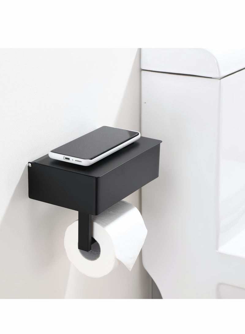 Toilet Paper Holder with Storage Box, Stainless Steel Wall Mounted Flushable Matte Wipes Holder for Bathroom Holds both Tissues and Wipes (Black)