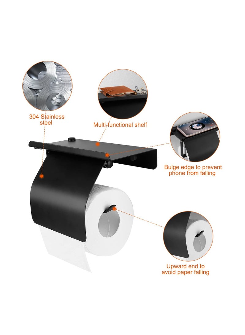 Toilet Paper Holder, Wall Mount Matte Black Toilet Paper Holder with Shelf Stainless Steel Tissue Holder for Bathroom(Black)