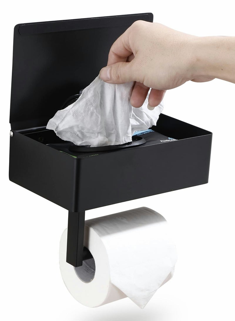 Toilet Paper Holder with Storage Box, Stainless Steel Wall Mounted Flushable Matte Wipes Holder for Bathroom Holds both Tissues and Wipes (Black)