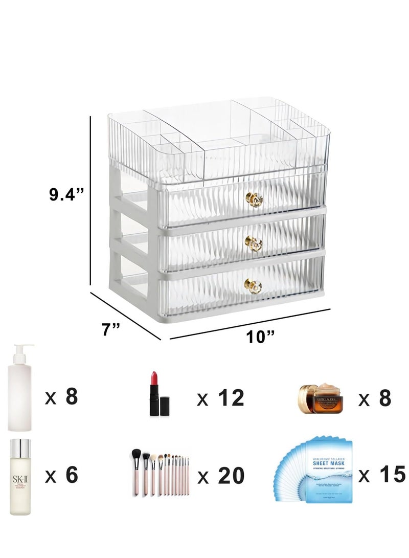 Skincare Organizer Makeup Organizer with 3 Large Drawers Countertop Organizer for Cosmetics Ideal for Bathroom and Bedroom Vanity Countertops Desk Storage Holder for Lipstick Brushes and Nail Polish