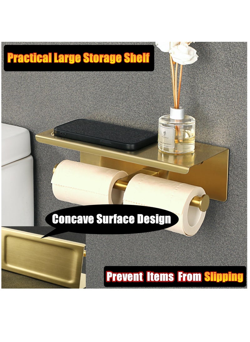Double Toilet Paper Holder, Bathroom Tissue Holder with Shelf, SUS304 Stainless Steel Toilet Paper Roll Holder Storage Dispenser, Self Adhesive or Wall Mount Drilling Paper Rack, Brushed Golden
