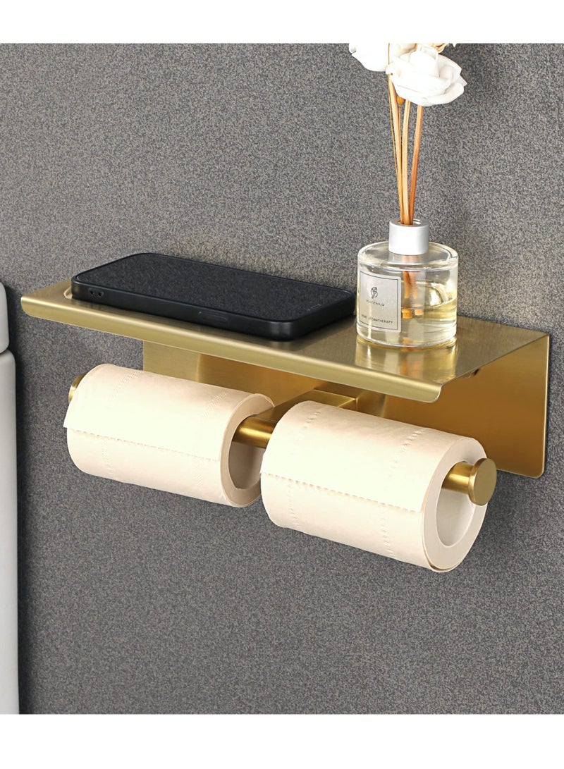 Double Toilet Paper Holder, Bathroom Tissue Holder with Shelf, SUS304 Stainless Steel Toilet Paper Roll Holder Storage Dispenser, Self Adhesive or Wall Mount Drilling Paper Rack, Brushed Golden