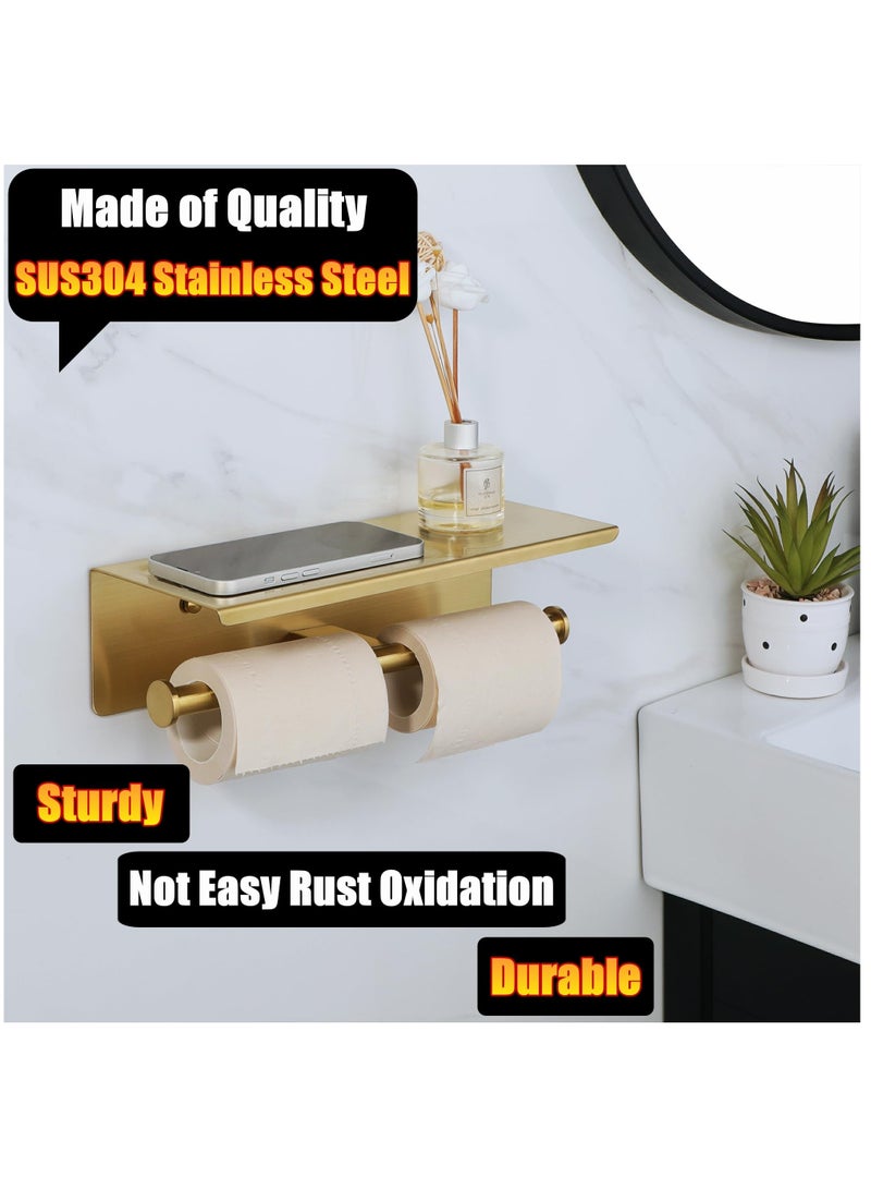 Double Toilet Paper Holder, Bathroom Tissue Holder with Shelf, SUS304 Stainless Steel Toilet Paper Roll Holder Storage Dispenser, Self Adhesive or Wall Mount Drilling Paper Rack, Brushed Golden