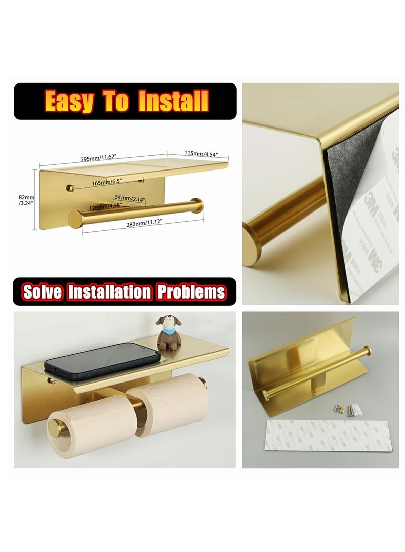 Double Toilet Paper Holder, Bathroom Tissue Holder with Shelf, SUS304 Stainless Steel Toilet Paper Roll Holder Storage Dispenser, Self Adhesive or Wall Mount Drilling Paper Rack, Brushed Golden