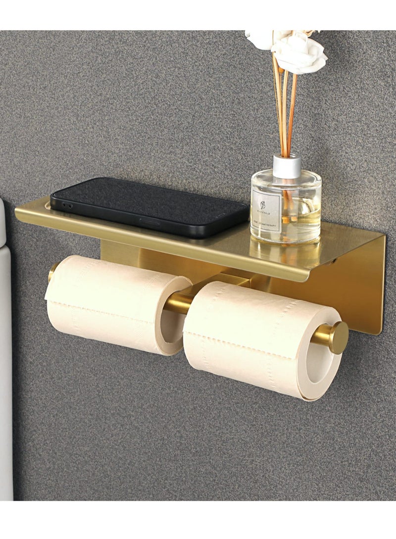 Double Toilet Paper Holder, Bathroom Tissue Holder with Shelf, SUS304 Stainless Steel Toilet Paper Roll Holder Storage Dispenser, Self Adhesive or Wall Mount Drilling Paper Rack, Brushed Golden