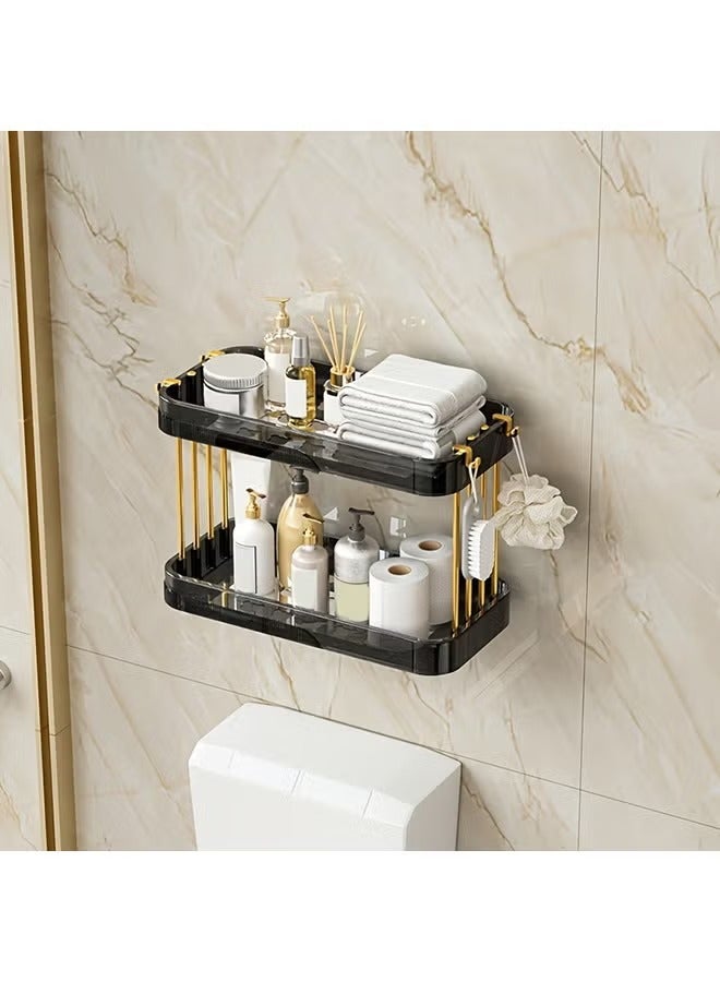 2-Tier Wall Mounted Bathroom Shelf with Hooks Adhesive Shower Organizer Bathroom Caddy Large Capacity Shower Rack for Bathroom Toilet Kitchen