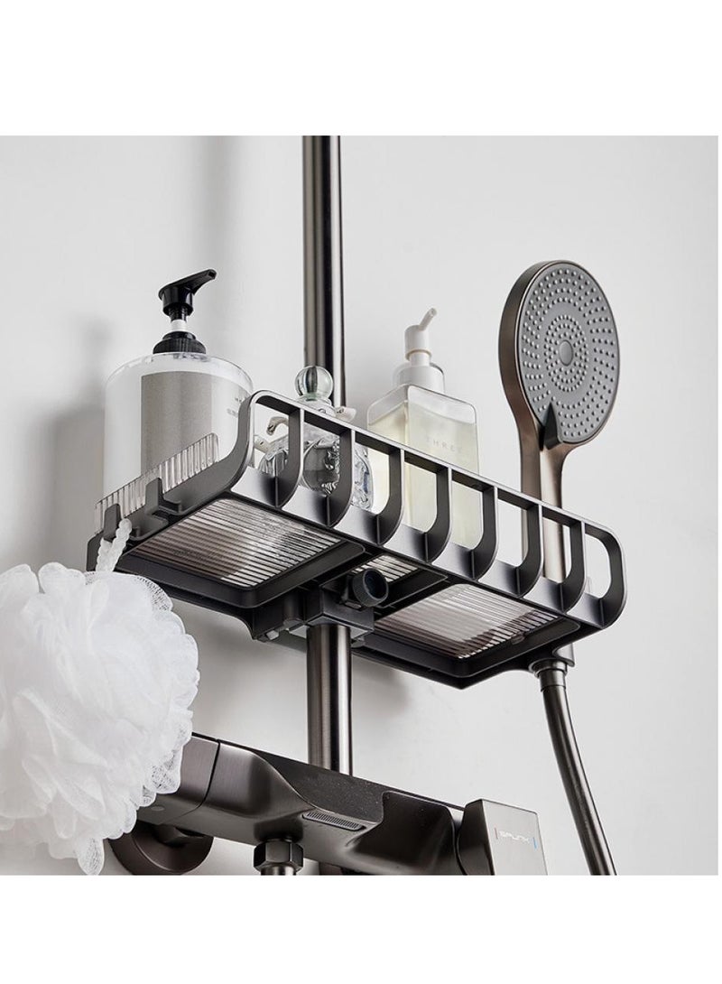 No Drilling Bathroom Shower Caddy Shelf for Slide Bar Lifting Rod Shower Head Holder Shower Rack for Shower Rod，adjustable Shower Caddy Guardrail and Hanging Hooks for 2 Shapes Shower Rod