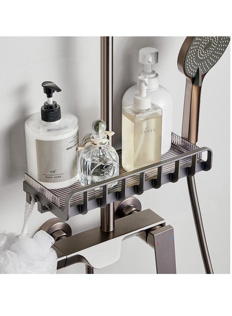 No Drilling Bathroom Shower Caddy Shelf for Slide Bar Lifting Rod Shower Head Holder Shower Rack for Shower Rod，adjustable Shower Caddy Guardrail and Hanging Hooks for 2 Shapes Shower Rod