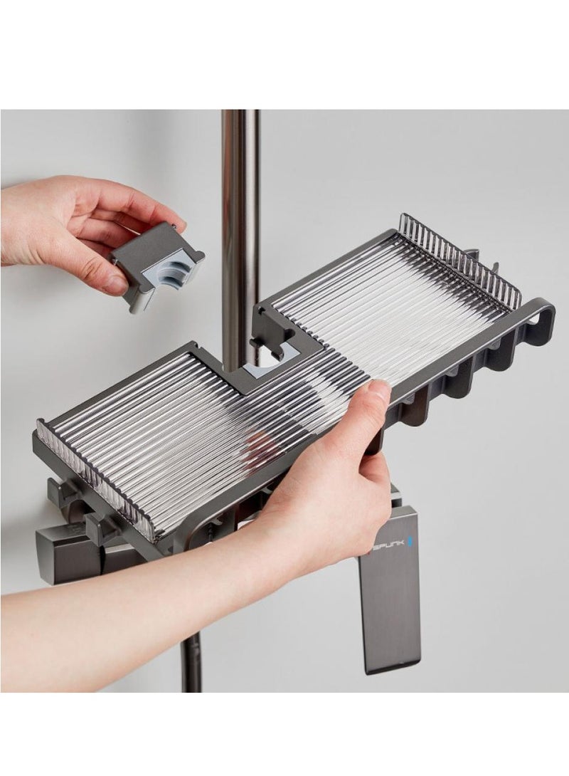 No Drilling Bathroom Shower Caddy Shelf for Slide Bar Lifting Rod Shower Head Holder Shower Rack for Shower Rod，adjustable Shower Caddy Guardrail and Hanging Hooks for 2 Shapes Shower Rod