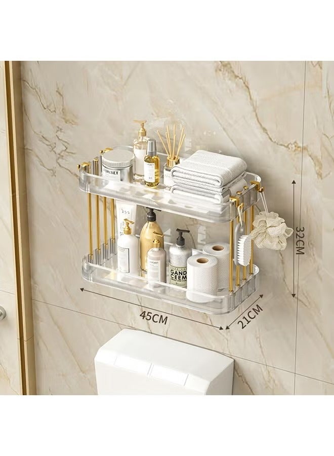 2-Tier Wall Mounted Bathroom Shelf with Hooks Adhesive Shower Organizer Bathroom Caddy Large Capacity Shower Rack for Bathroom Toilet Kitchen