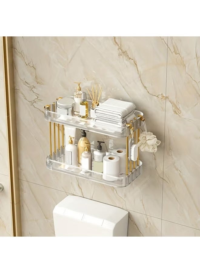 2-Tier Wall Mounted Bathroom Shelf with Hooks Adhesive Shower Organizer Bathroom Caddy Large Capacity Shower Rack for Bathroom Toilet Kitchen