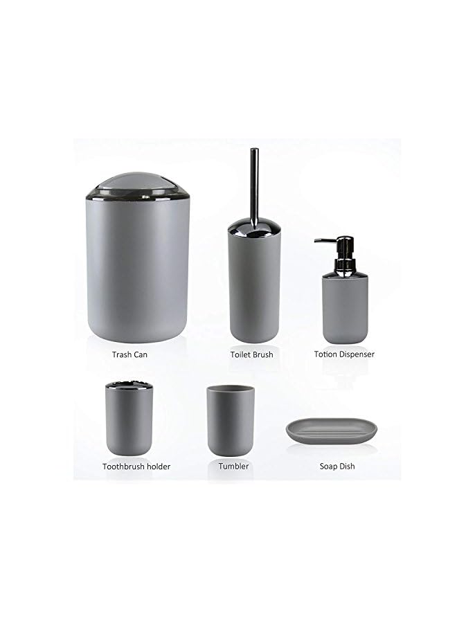 Accessories Set,6 Pcs Plastic Gift Set Toothbrush Holder,Toothbrush Cup,Soap Dispenser,Soap Dish,Toilet Brush Holder,Trash Can,Tumbler Straw Set Bathroom (Grey)