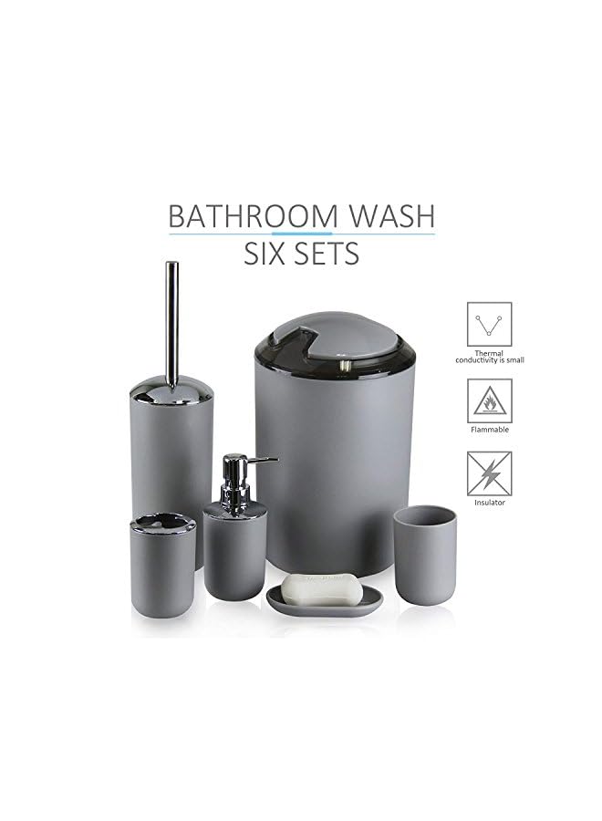 Accessories Set,6 Pcs Plastic Gift Set Toothbrush Holder,Toothbrush Cup,Soap Dispenser,Soap Dish,Toilet Brush Holder,Trash Can,Tumbler Straw Set Bathroom (Grey)