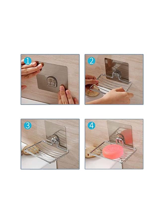 Mart [4-PACK] 2Pcs Adhesive Soap Tray & 2Pcs Razor Hanging Hooks, Bath Soap Holder, Stainless Steel Metal Soap Dish Shower for Bathroom & Kitchen Adhesive Soap Tray with Razor Holder