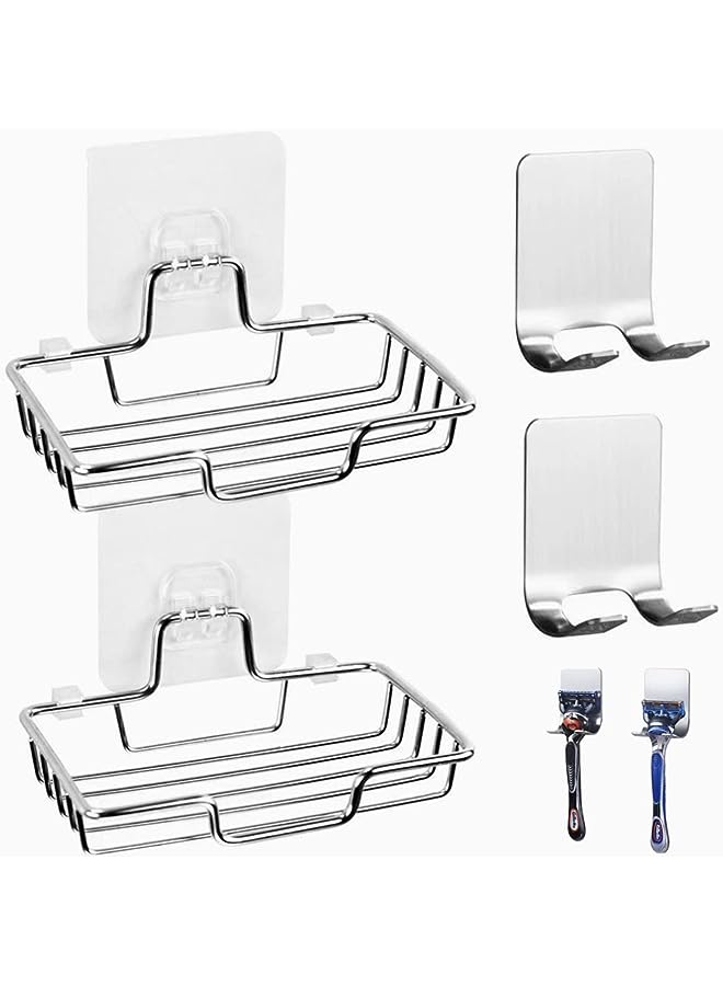 Mart [4-PACK] 2Pcs Adhesive Soap Tray & 2Pcs Razor Hanging Hooks, Bath Soap Holder, Stainless Steel Metal Soap Dish Shower for Bathroom & Kitchen Adhesive Soap Tray with Razor Holder