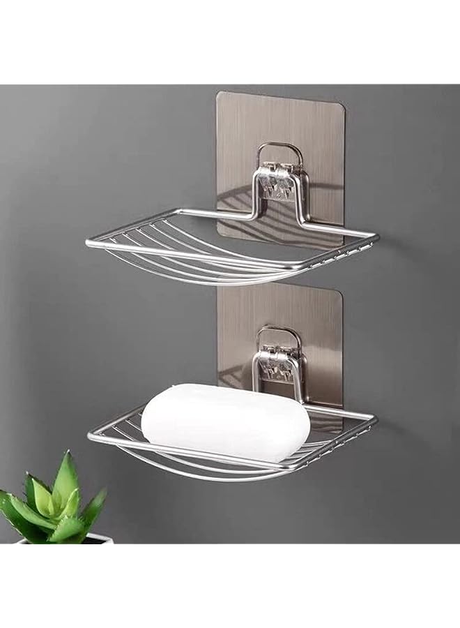 Mart [4-PACK] 2Pcs Adhesive Soap Tray & 2Pcs Razor Hanging Hooks, Bath Soap Holder, Stainless Steel Metal Soap Dish Shower for Bathroom & Kitchen Adhesive Soap Tray with Razor Holder