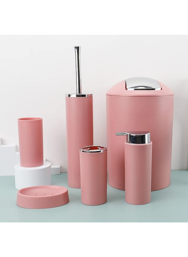 Accessories Set Of 6 Piece Bath Ensemble Includes Soap Dispenser, Toothbrush Holder, Tumbler, Soap Dish for Decorative Countertop and Housewarming Gift. (Pink)