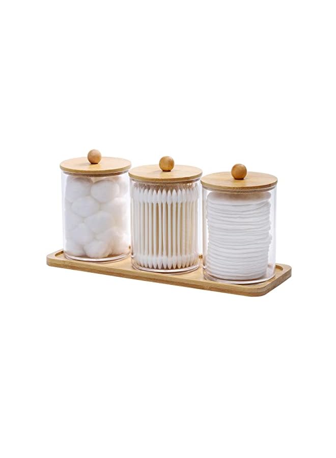 10 Oz Cotton Swab/Ball/Pad Holder with Vanity Tray, Qtip Apothecary Jar, Clear Bathroom Containers Dispenser for Storage 3 Pack Wood Lids