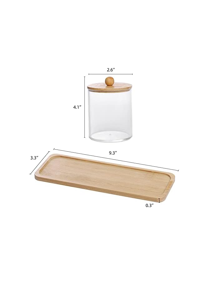 10 Oz Cotton Swab/Ball/Pad Holder with Vanity Tray, Qtip Apothecary Jar, Clear Bathroom Containers Dispenser for Storage 3 Pack Wood Lids