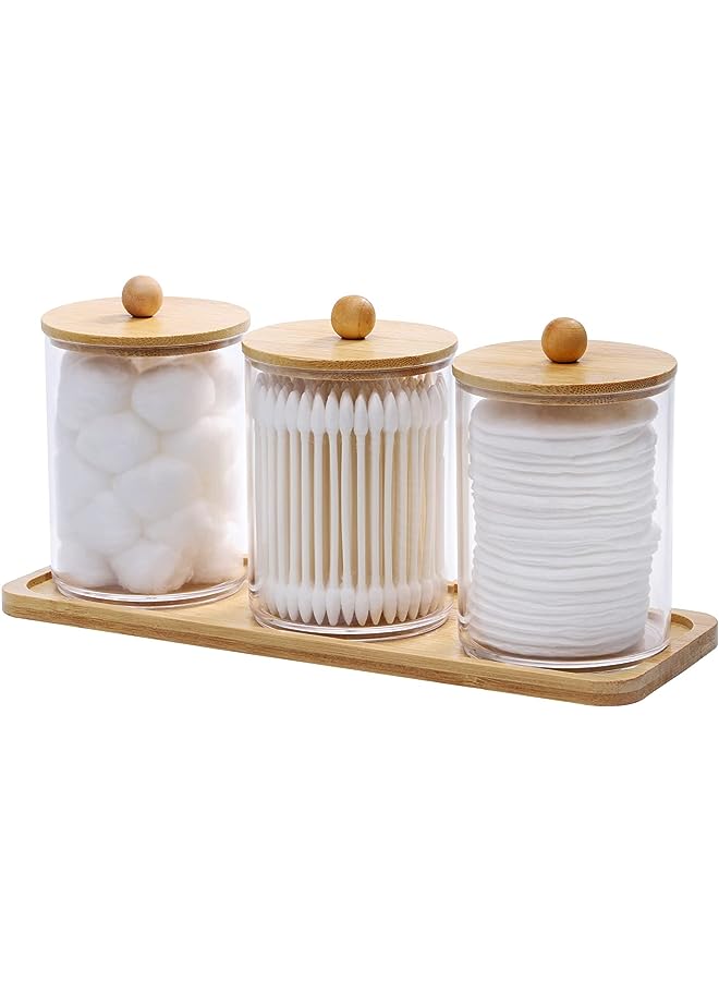 10 Oz Cotton Swab/Ball/Pad Holder with Vanity Tray, Qtip Apothecary Jar, Clear Bathroom Containers Dispenser for Storage 3 Pack Wood Lids