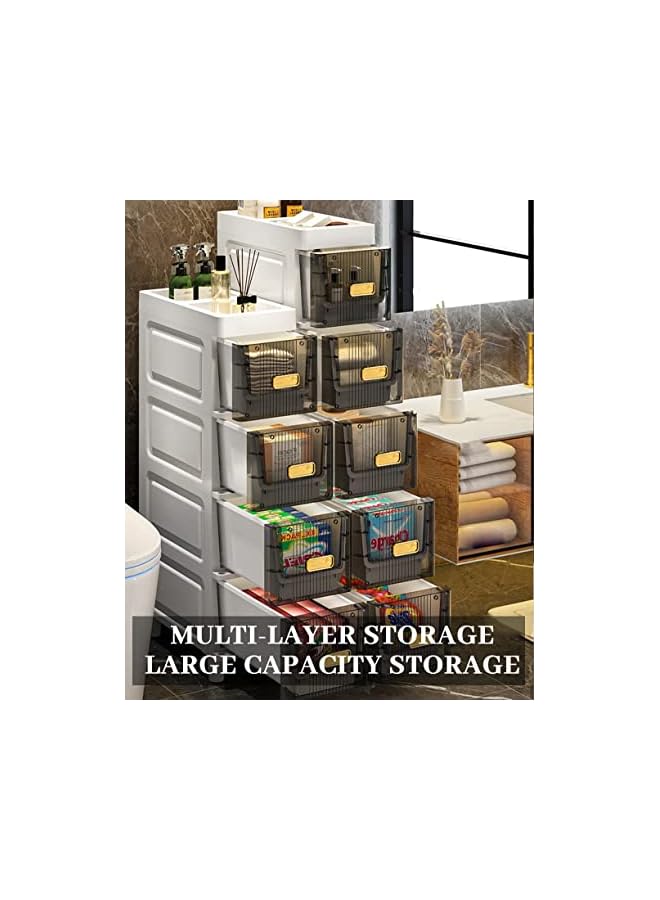 Slim Bathroom Cabinet, Bathroom Shelves, Waterproof Design, Standing Storage Cabinet with Slide Out Drawers, Narrow Floor Bathroom Organizer Next to Toilet (6)