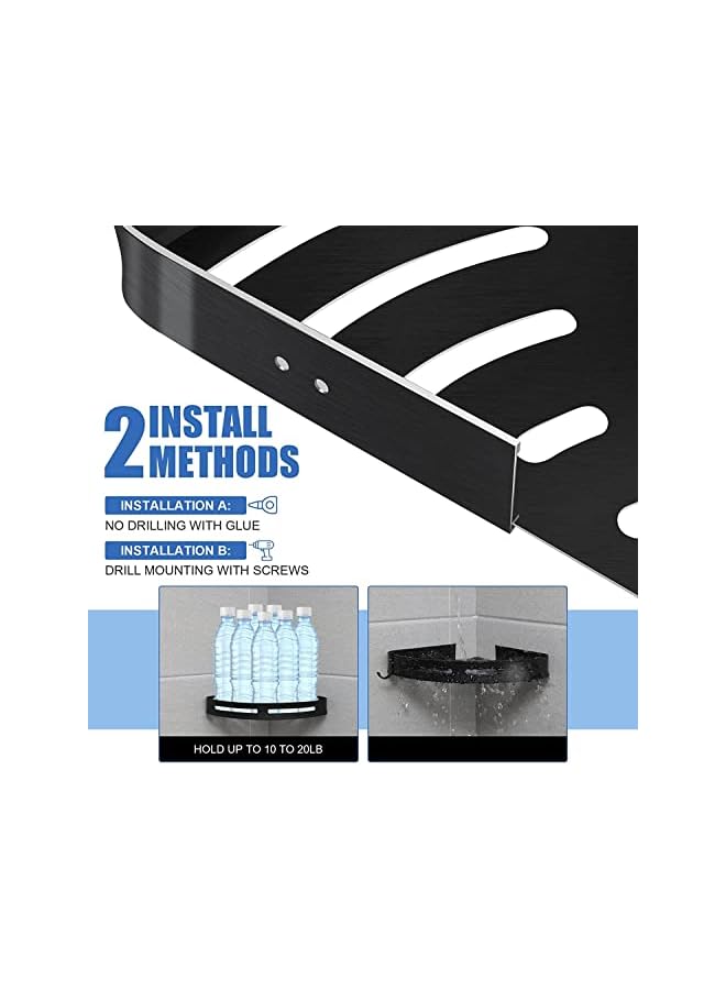 No Drilling Corner Shower Caddy,Self-Adhesive Bathroom Shelves Aluminum Rustproof Corner Shower Organizer for Bathroom, Toilet, Kitchen and Dorm,No Drill, with Two Hooks (Black)
