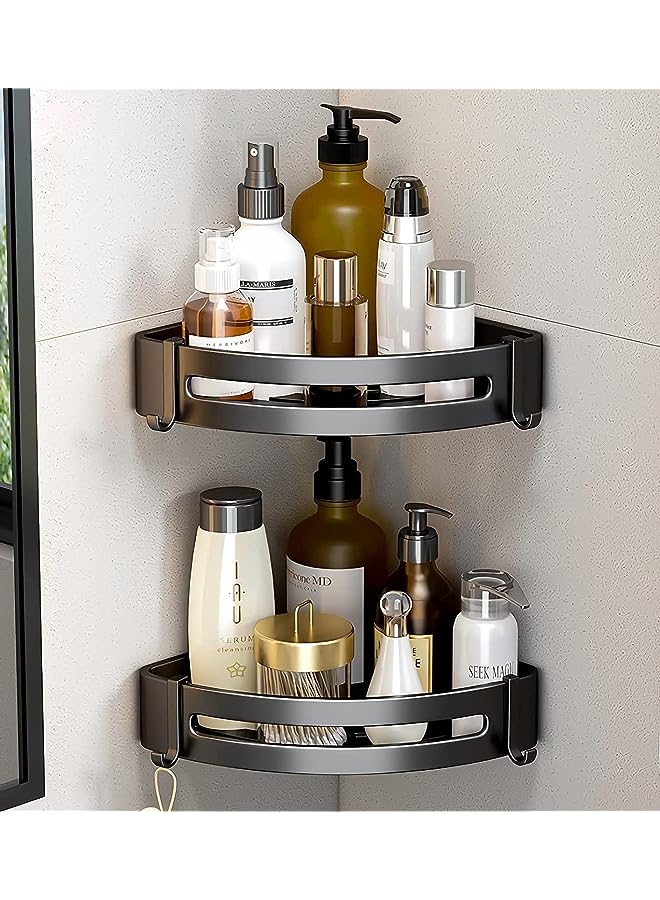 No Drilling Corner Shower Caddy,Self-Adhesive Bathroom Shelves Aluminum Rustproof Corner Shower Organizer for Bathroom, Toilet, Kitchen and Dorm,No Drill, with Two Hooks (Black)