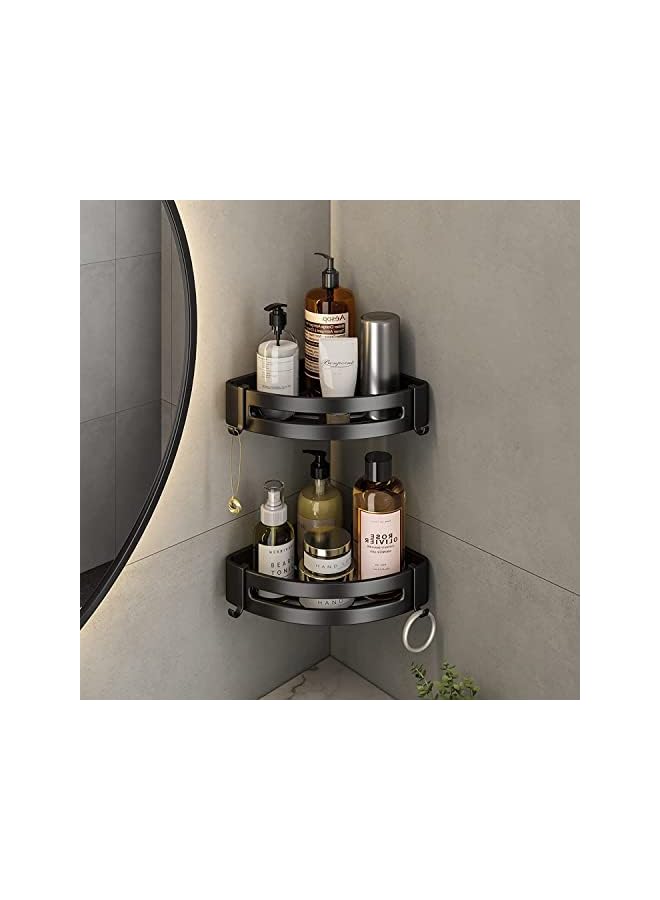 No Drilling Corner Shower Caddy,Self-Adhesive Bathroom Shelves Aluminum Rustproof Corner Shower Organizer for Bathroom, Toilet, Kitchen and Dorm,No Drill, with Two Hooks (Black)