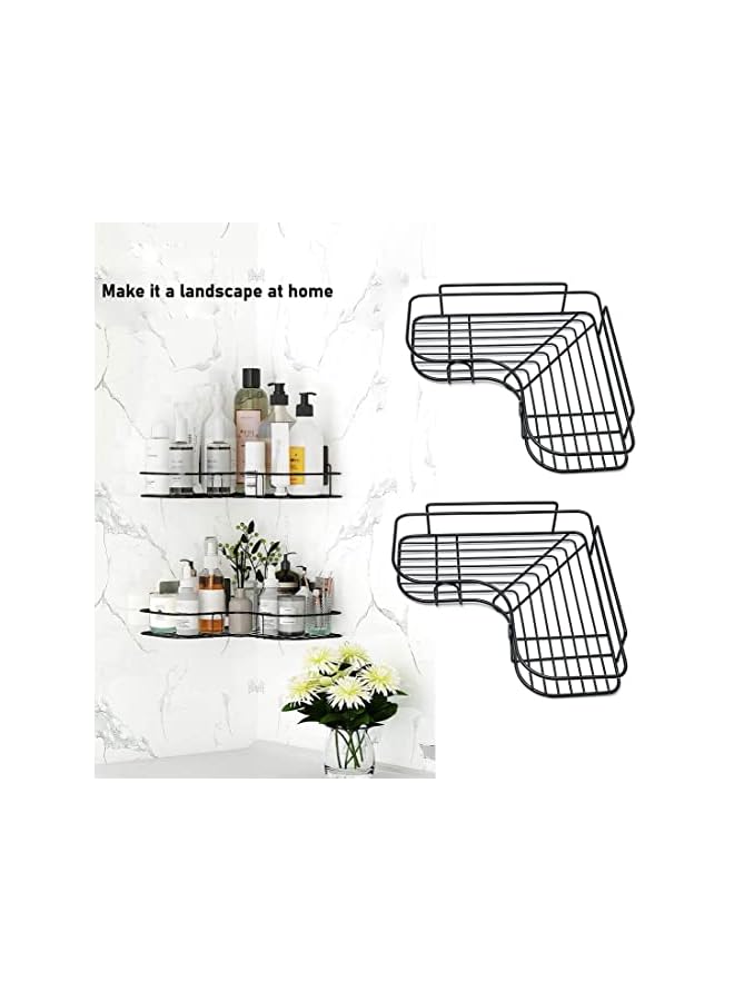 2Pcs Corner Shower Shelves，Self Adhesive No Drilling Wall Mounted Shower Storage Shelf Organizer For Your Bathroom, Kitchen And Toilet，Iron Art，Black