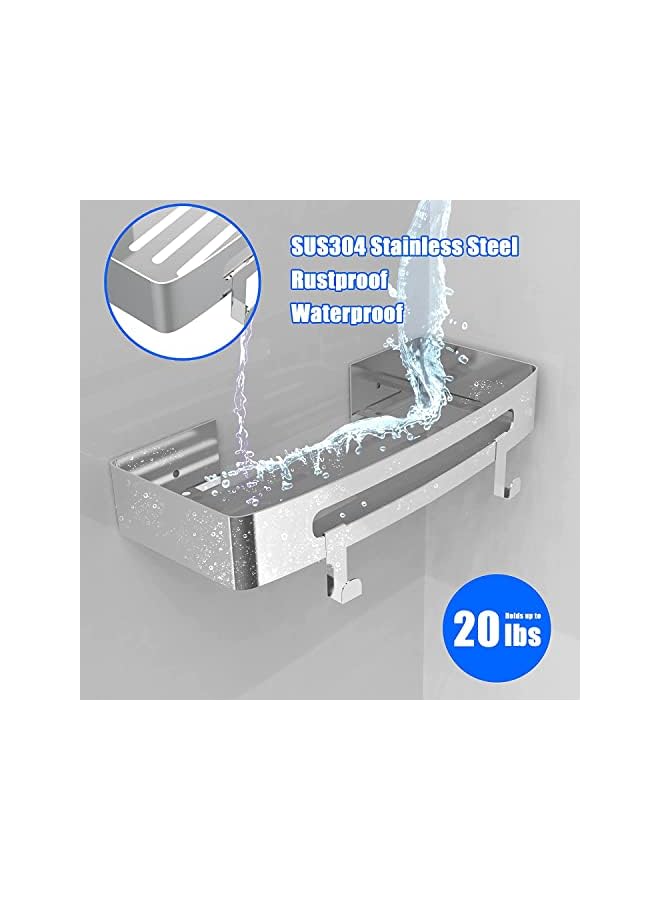 Shower Shelf for Bathroom 1-Pack, Rustproof 304 Stainless Steel Bathroom Storage-Organizer With 2 Removable Hooks，Wall Mounted Shower Basket for Kitchen (Rectangle)
