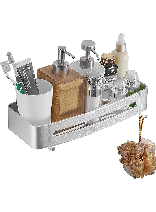 Shower Shelf for Bathroom 1-Pack, Rustproof 304 Stainless Steel Bathroom Storage-Organizer With 2 Removable Hooks，Wall Mounted Shower Basket for Kitchen (Rectangle)