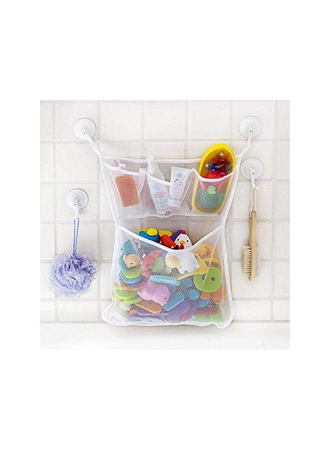 Bath Toy Organizer With 2M Strong Sticky Hooks, Mesh Net, Bathtub Bag with 3X Soap & Shampoo Pockets (11x16, Large, White)