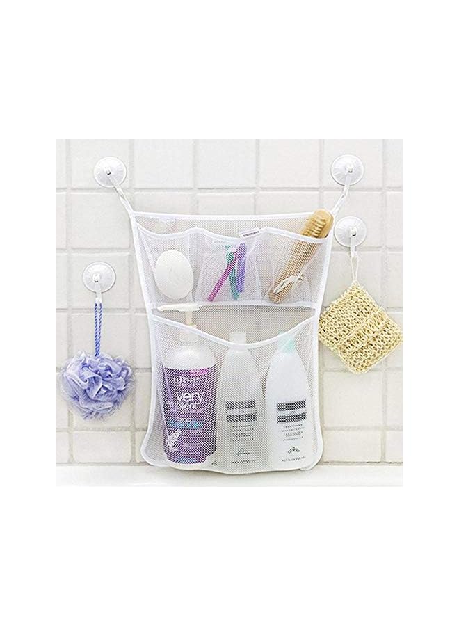 Bath Toy Organizer With 2M Strong Sticky Hooks, Mesh Net, Bathtub Bag with 3X Soap & Shampoo Pockets (11x16, Large, White)