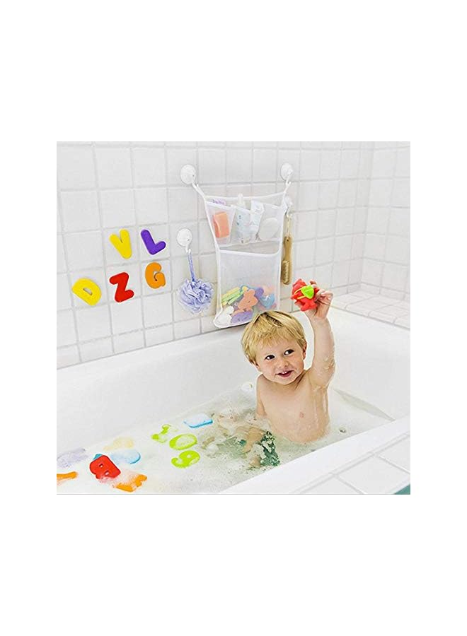 Bath Toy Organizer With 2M Strong Sticky Hooks, Mesh Net, Bathtub Bag with 3X Soap & Shampoo Pockets (11x16, Large, White)