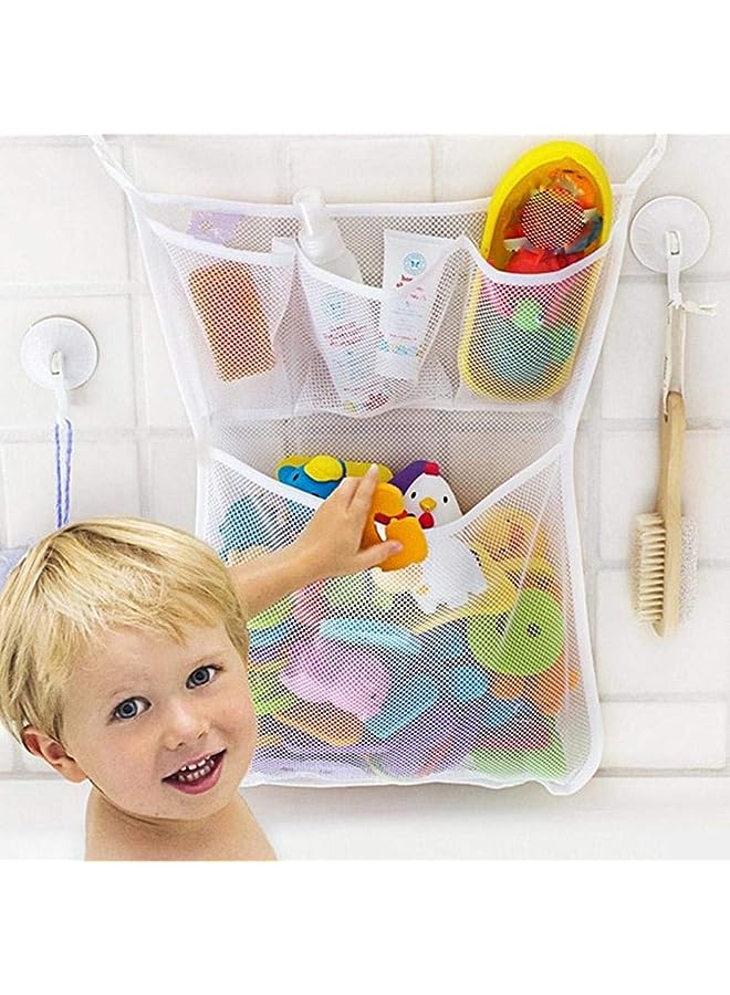 Bath Toy Organizer With 2M Strong Sticky Hooks, Mesh Net, Bathtub Bag with 3X Soap & Shampoo Pockets (11x16, Large, White)