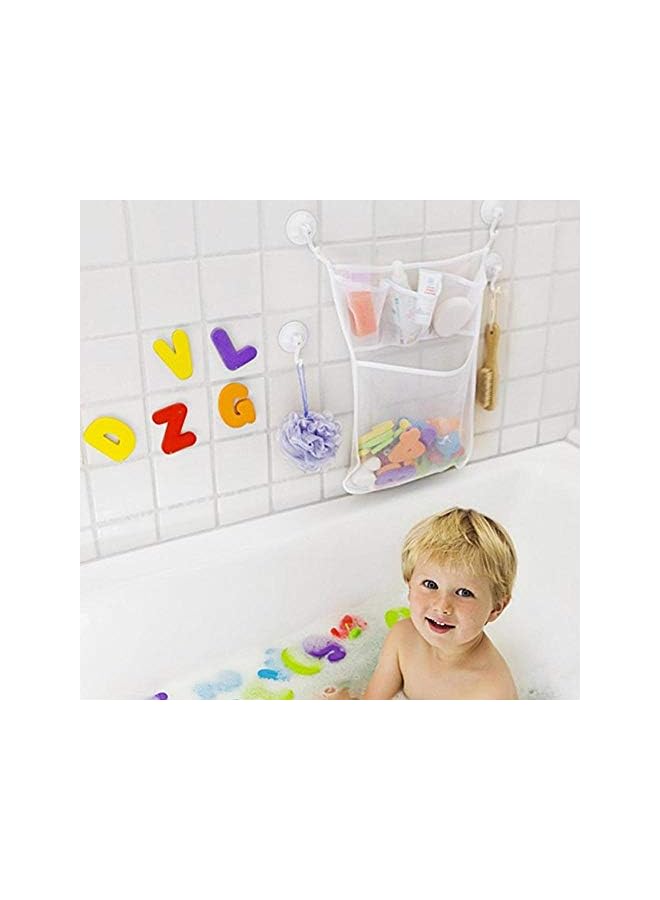 Bath Toy Organizer With 2M Strong Sticky Hooks, Mesh Net, Bathtub Bag with 3X Soap & Shampoo Pockets (11x16, Large, White)