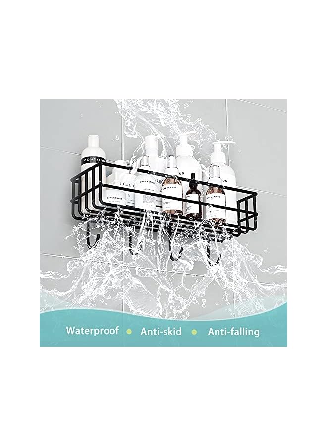 HOOME No Drill Bathroom Shelf Kitchen Bathroom Shelf Wall Holder Storage Rack with Hanging Hooks for Bathroom Bedroom Living Room and Kitchen, Set of 2 Black