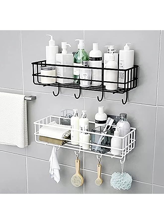 HOOME No Drill Bathroom Shelf Kitchen Bathroom Shelf Wall Holder Storage Rack with Hanging Hooks for Bathroom Bedroom Living Room and Kitchen, Set of 2 Black
