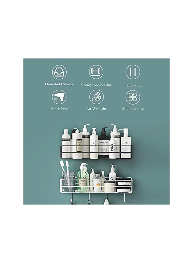 HOOME No Drill Bathroom Shelf Kitchen Bathroom Shelf Wall Holder Storage Rack with Hanging Hooks for Bathroom Bedroom Living Room and Kitchen, Set of 2 Black