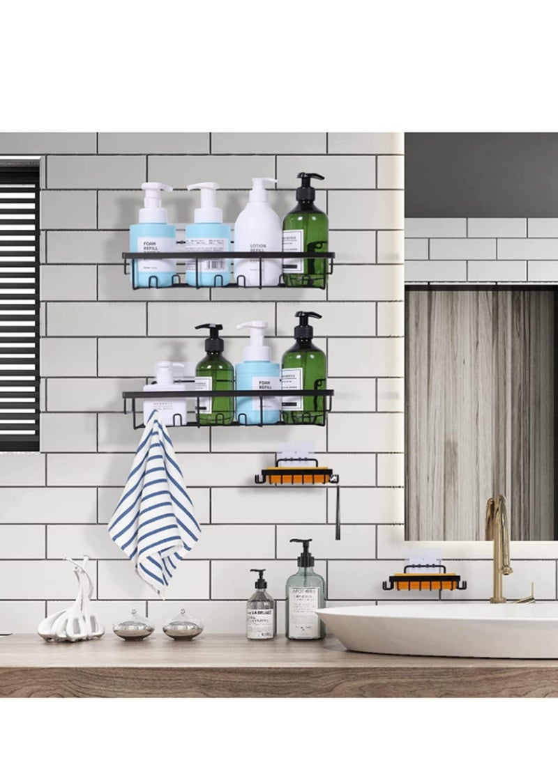 4-Pack Wall-Mountable Shower Caddy Shelf with Hooks - Bathroom, Toilet, Shower, Kitchen Organizer Set - Includes 1 Soap Dish and 1 Shaving Rack - Black