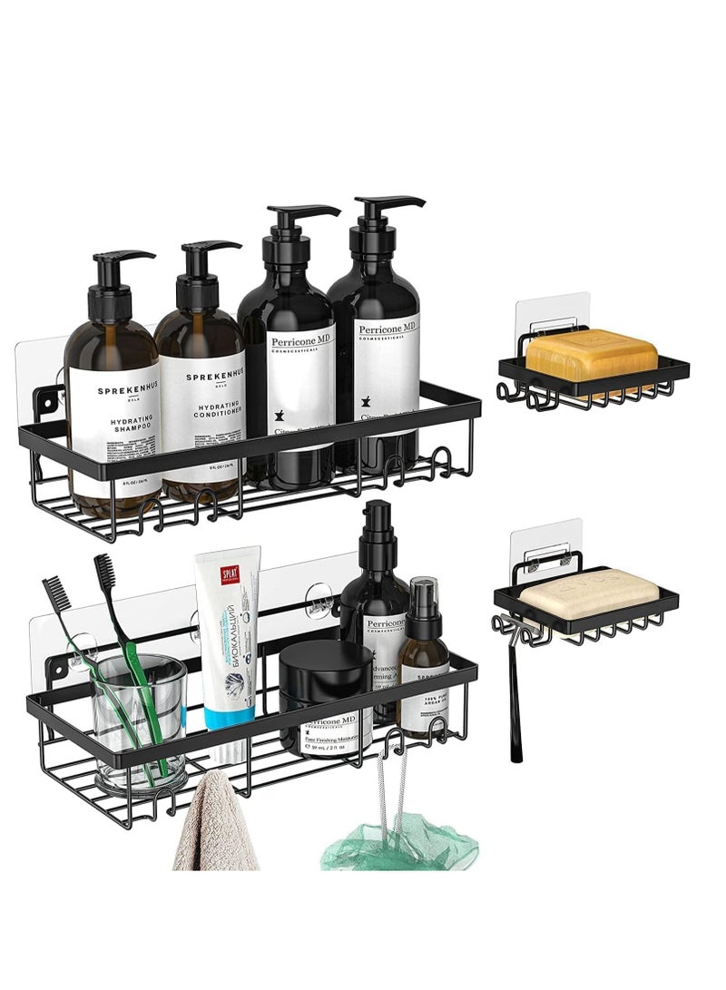 4-Pack Wall-Mountable Shower Caddy Shelf with Hooks - Bathroom, Toilet, Shower, Kitchen Organizer Set - Includes 1 Soap Dish and 1 Shaving Rack - Black