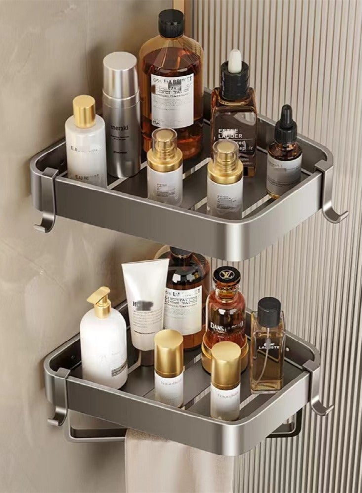 2-Piece Bathroom Rack Shower Shampoo Organizer Wall Mounted Storage Rack and Hooks Towel Rack Grey