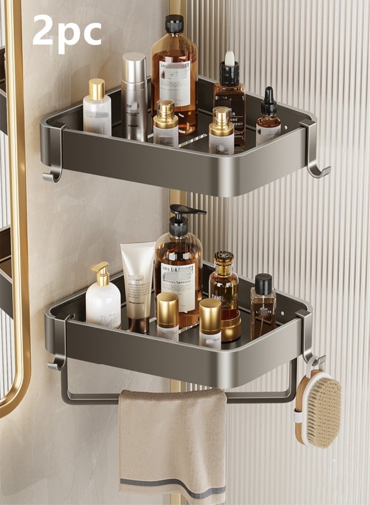 2-Piece Bathroom Rack Shower Shampoo Organizer Wall Mounted Storage Rack and Hooks Towel Rack Grey